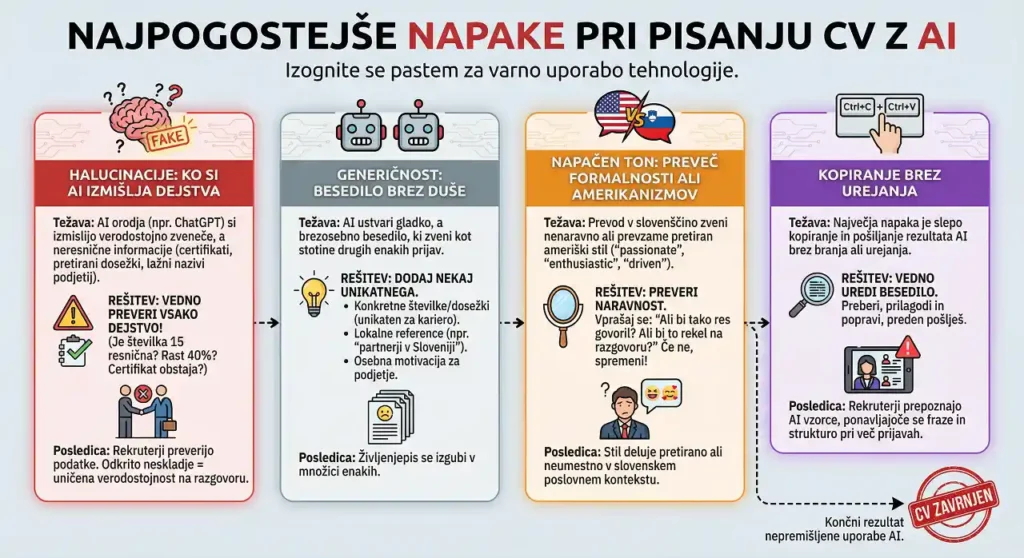 Najpogostejše napake pri pisanju CV z AI - infografika