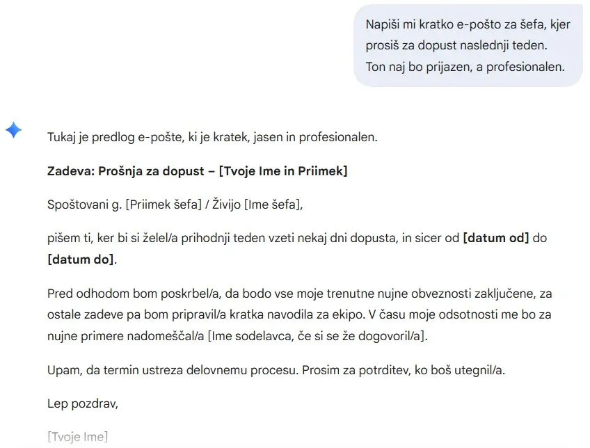 Gemini - primer pogovora - pisanje prošnje za dopust