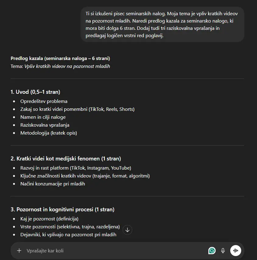 Primer ukaza za ChatGPT za seminarsko nalogo in kazalo
